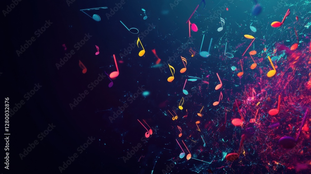 Poster colorful music notes over dark background with abstract design elements