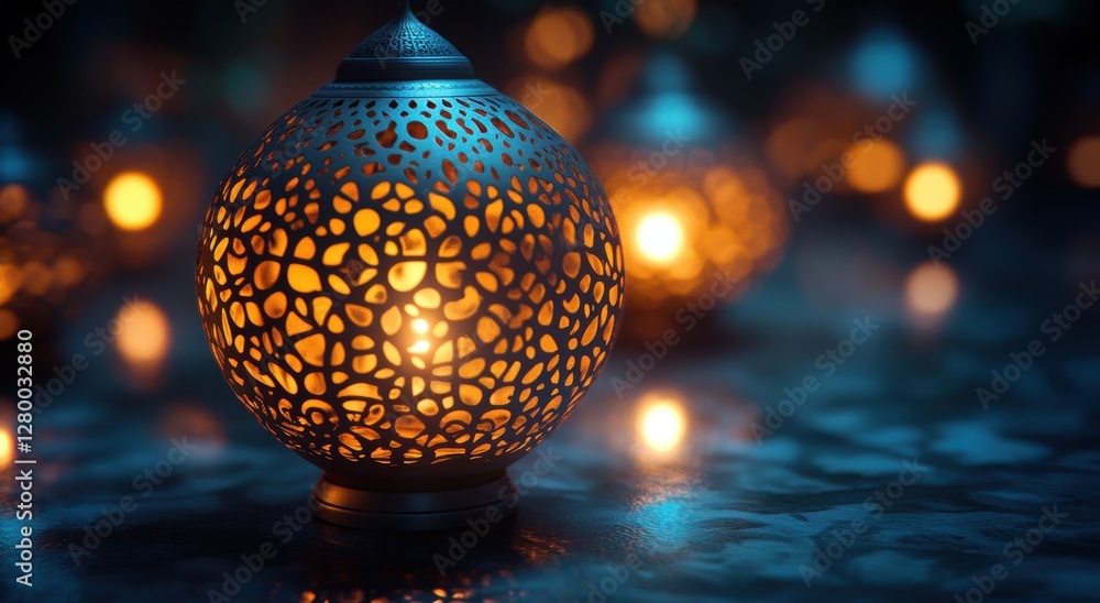 Poster elegant ornate lanterns casting soft warm glow in dark with intricate filigree patterns and blurred 