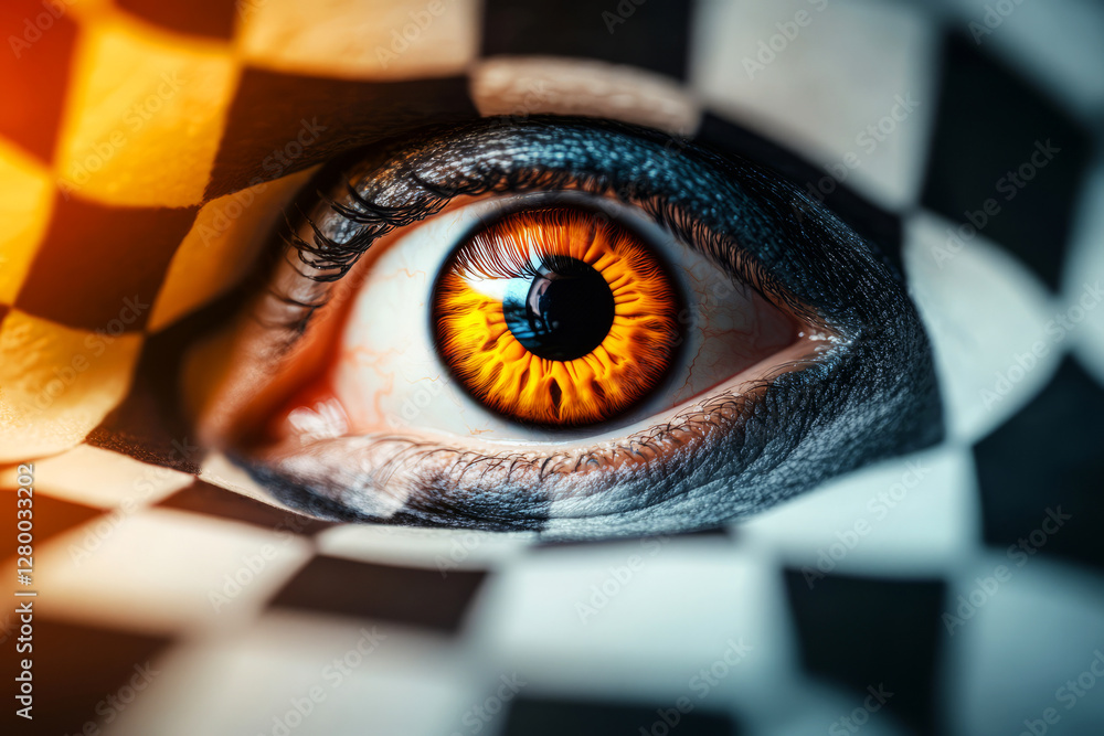 Poster close-up of an artistic eye with checkered pattern and intense orange color focused on detail