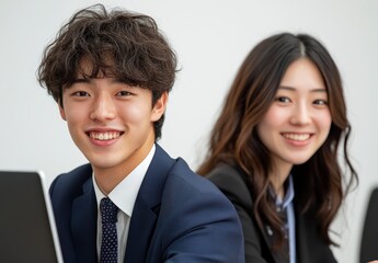 Smiling Young Asian Business Professionals Working Together In An