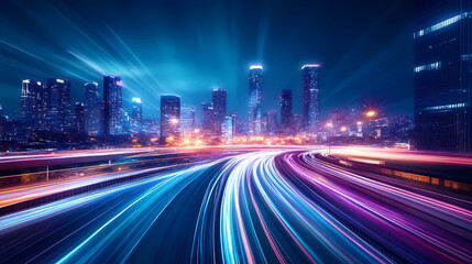 "Nighttime Cityscape with Vibrant Highway Light Trails"