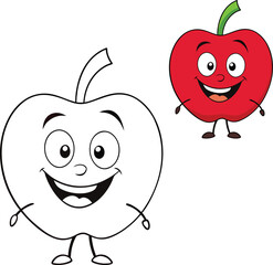 A cheerful cartoon apple character with a big smile, rosy cheeks, and bright green leaves, ready to bring fun and joy to any coloring page. Perfect for kids!