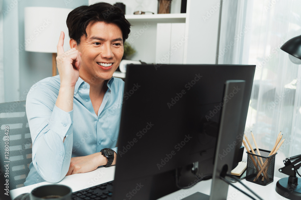 Aufkleber portrait successful smart businessman working computer with successful business in database marketin