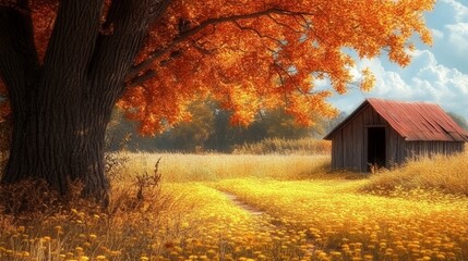 Autumnal rustic cabin nestled amid golden fields serene fall landscape nostalgic countryside retreat rural scenery backdrop