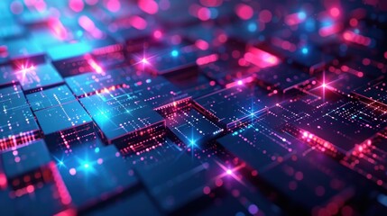 Obraz premium Abstract Digital Data Stream: Neon Cubes and Glowing Lines