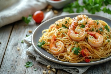 Pad Thai, stir-fried rice noodles with shrimps and vegetables