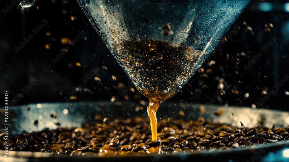 Poster close-up of coffee brewing process with beans and filter, dark background emphasizing richness