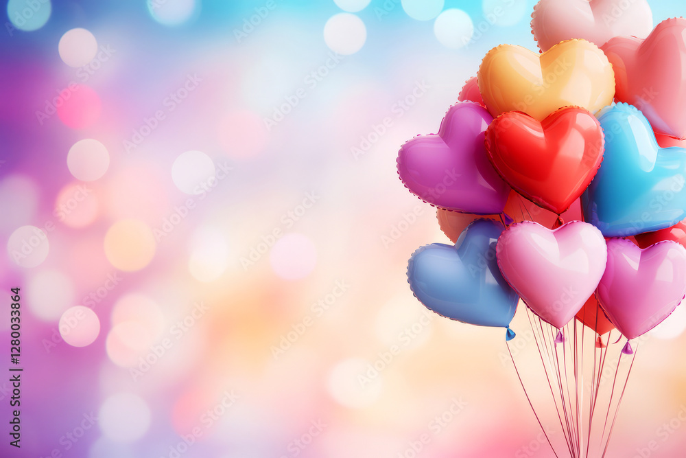 Poster colorful heart-shaped balloons floating on a soft blurred background with bokeh effects