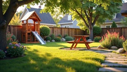 Family-friendly backyard with a wooden playset and cozy picnic table in warm afternoon sunlight