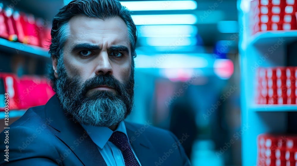 Poster dynamic bear trader in a bustling market, showcasing intense expression, surrounded by stock charts 