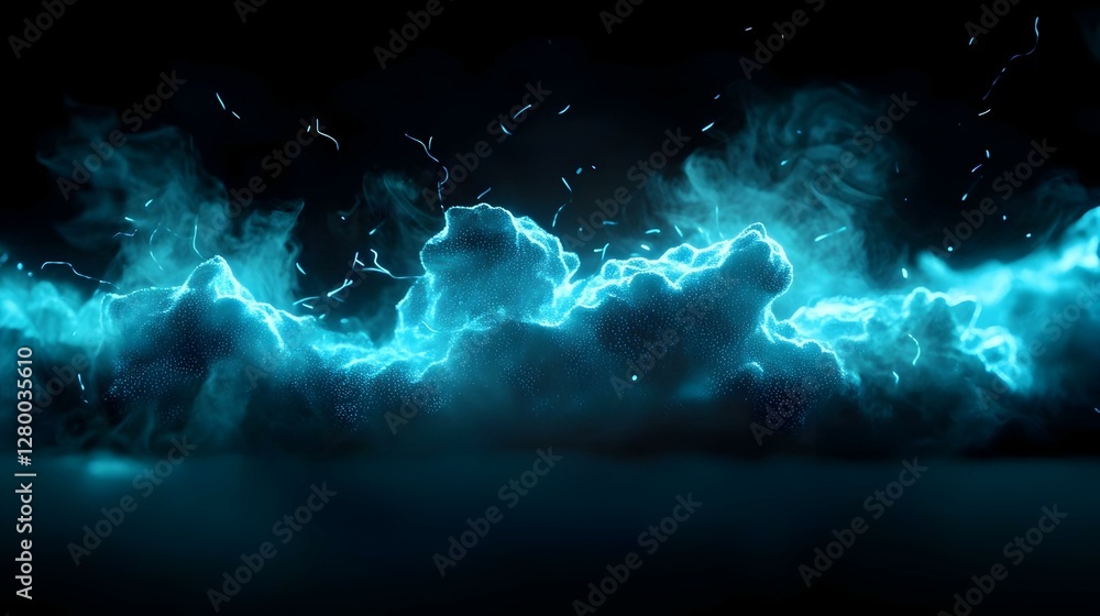 Poster ethereal blue flow, a mesmerizing display of flowing blue particles illuminated by soft, ambient lig