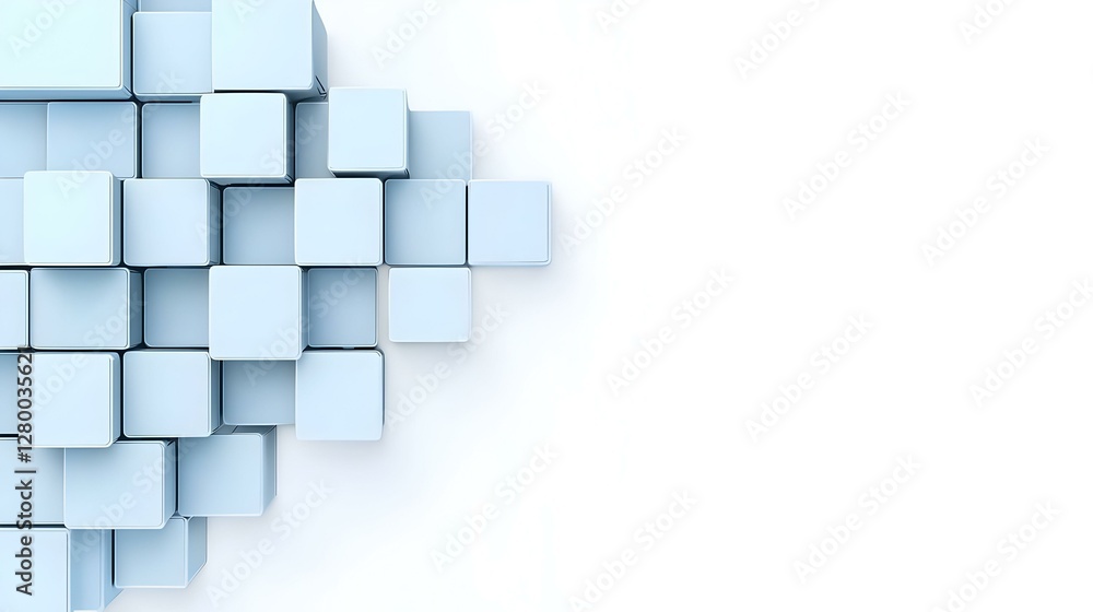 Poster abstract blue pixelated shapes interwoven with a grid pattern, creating a dynamic visual interplay o