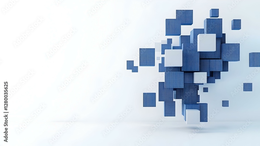 Poster abstract blue pixelated shapes create a dynamic visual grid, evoking a sense of modern digital art a