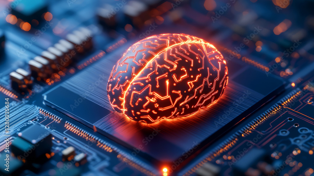 Poster futuristic digital brain concept on circuit board with glowing patterns and details