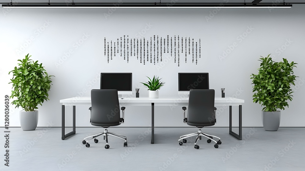 Poster digital matrix, an abstract composition featuring flowing binary code intertwined with sleek office 