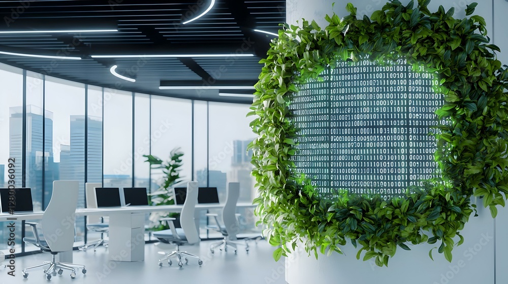 Poster digital landscape of abstract binary code, intertwining with sleek office elements, evoking a sense 