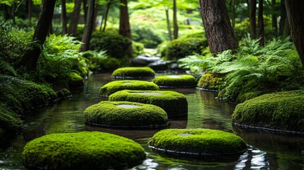 Serene Moss-Covered Stepping Stones in a Japanese Zen Garden
