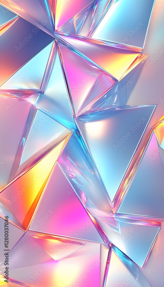 Poster abstract composition of crystal triangles with iridescent colors is displayed