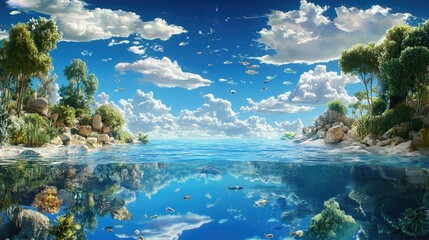 Serene Landscape with Water, Clouds, Fish, and Lush Vegetation
