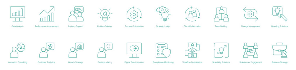 Data Analysis, Performance Improvement, Innovation Consulting, and Business Strategy Icons