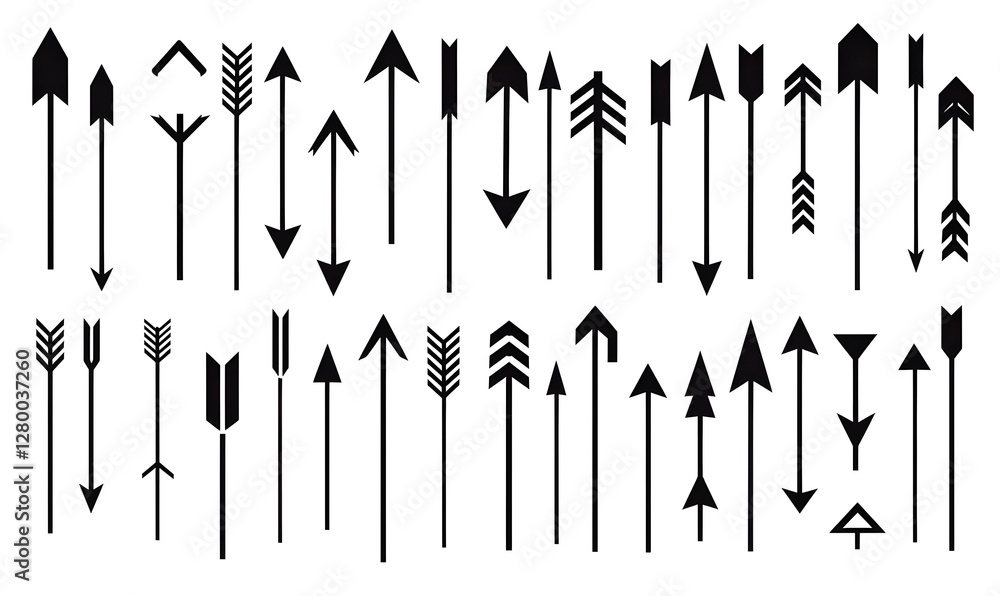 Poster black arrow icons collection, diverse styles and orientations, ideal for design projects, user inter