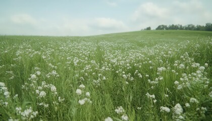 Serene White Wildflower Field Under Partly Cloudy Sky