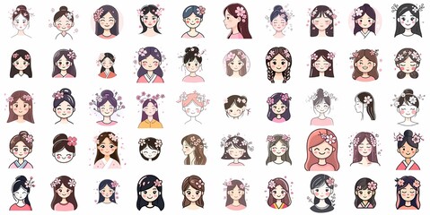 Obraz premium A Set of Cute Young Woman Illustrations with Cherry Blossom in Hair in South Korea Style