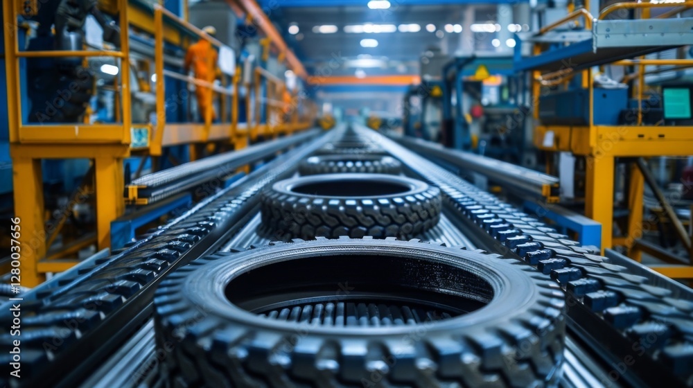 Leinwandbilder workers operate equipment in a busy factory as tires move along the conveyor system, emphasizing the
