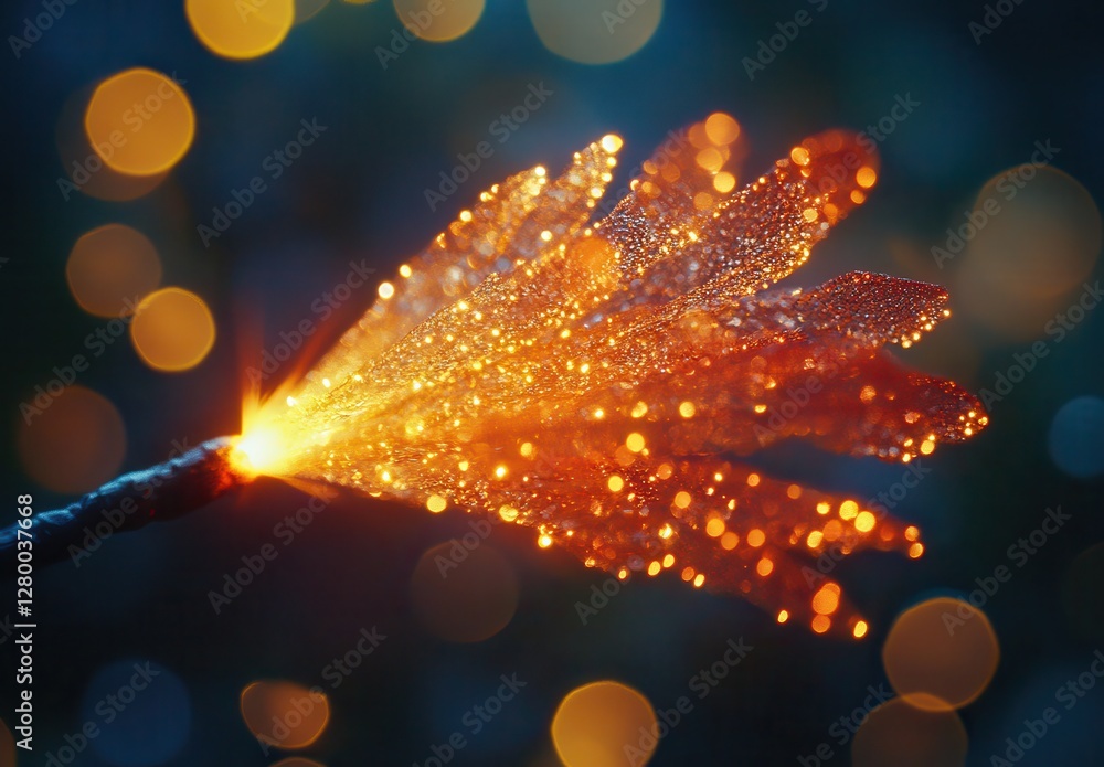 Poster glowing water droplets on an autumn leaf with a sparkling light effect against a bokeh background fo