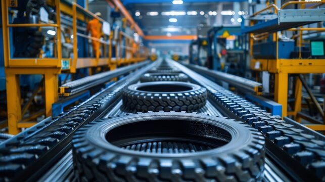 Workers operate equipment in a busy factory as tires move along the conveyor system, emphasizing the efficiency of tire production and manufacturing processes.