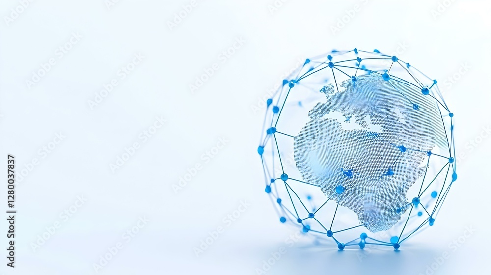 Poster abstract earth, a vibrant blue sphere interconnected with flowing lines and dots, symbolizing unity 