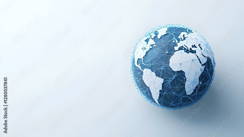 Poster abstract blue globe with intricate lines and dots, representing connectivity and global networks, ev