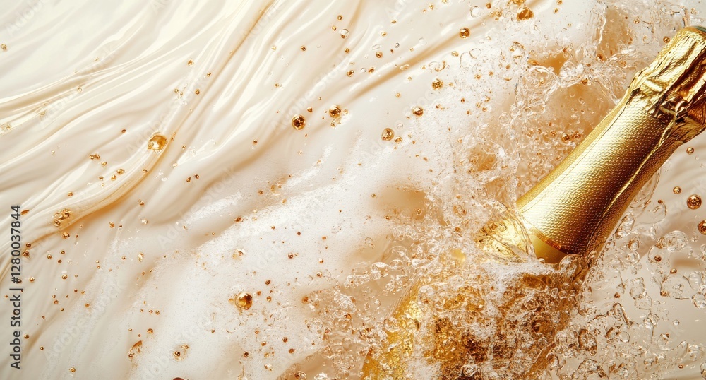 Poster golden champagne bottle splashing in bubbly liquid with shimmering particles creating a festive mood