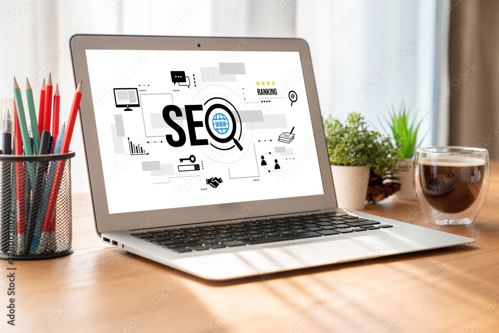 Aufkleber seo search engine optimization for modish e-commerce and online retail business showing on computer 