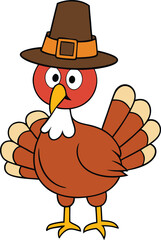 A whimsical turkey wearing a classic black pilgrim hat, adorned with a colorful feather. The turkey's cheerful expression embodies the spirit of Thanksgiving, celebrating harvest and gratitude.