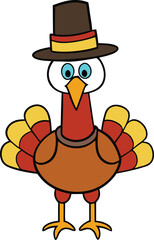 A whimsical turkey wearing a classic black pilgrim hat, adorned with a colorful feather. The turkey's cheerful expression embodies the spirit of Thanksgiving, celebrating harvest and gratitude.