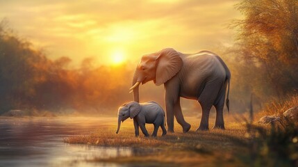 African Sunset: A Mother Elephant and her Calf by the River