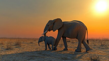 Fototapeta premium African Sunset: Mother Elephant and Calf