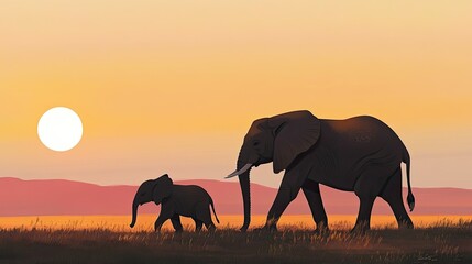 Obraz premium African Sunset: Mother Elephant and Calf Silhouette