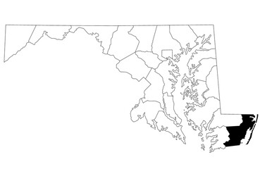 Map of Worcester County in Maryland state on white background. single County map highlighted by black colour on Maryland map. UNITED STATES, US