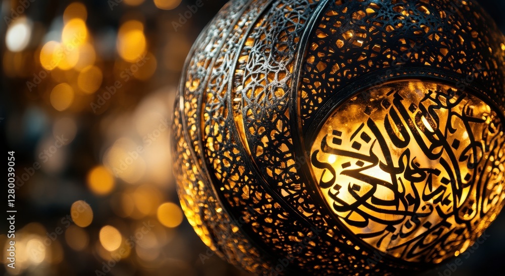 Aufkleber intricate lantern design featuring arabic calligraphy with warm glow and soft bokeh background