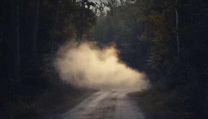 Ethereal cloud of dust obscures a forest road ahead