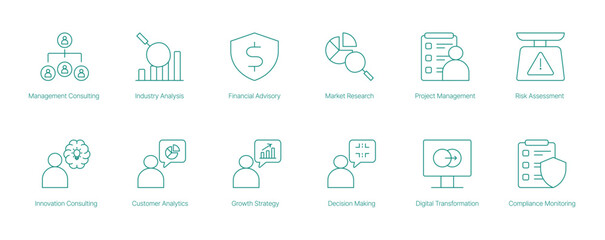 Management Consulting, Industry Analysis, Financial Advisory, and Market Research Icons