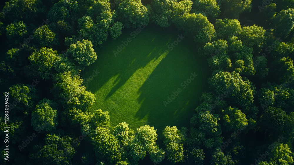Aufkleber aerial view of a circular green clearing surrounded by lush trees, casting long shadows on the grass