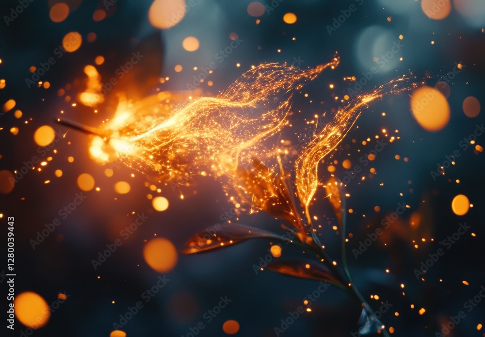Poster magical glowing particles swirling around a vibrant leaf in a dreamy atmosphere with soft bokeh effe