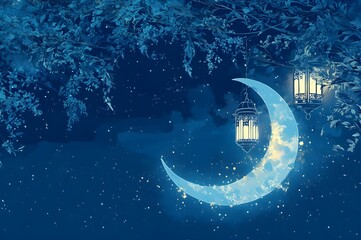 A blue Ramadan Kareem banner with a crescent moon and lantern for Islamic greetings.