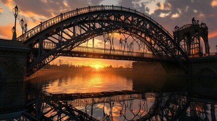 Naklejka premium Sunset Over the Iron Bridge: A Serene Reflection