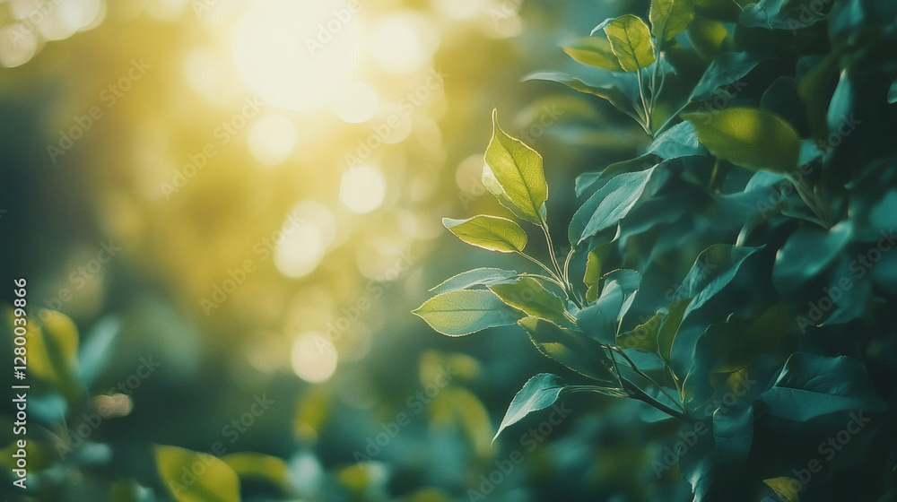 Poster A close-up view of lush green leaves illuminated by soft sunlight, creating a serene and tranquil atmosphere