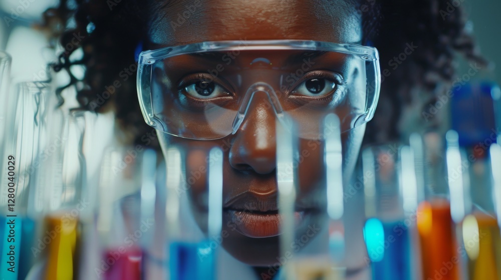 Aufkleber A young scientist wearing protective goggles studies various colorful test tubes filled with liquids in a vibrant laboratory setting, highlighting her commitment to research.
