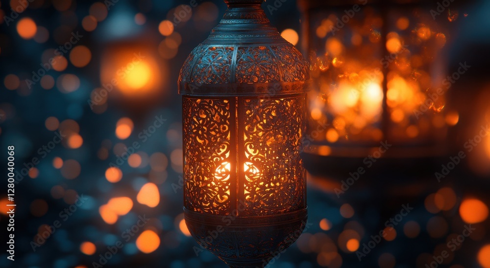Poster ornate decorative lantern glowing warmly amidst a dreamy backdrop of soft bokeh lights creating a co